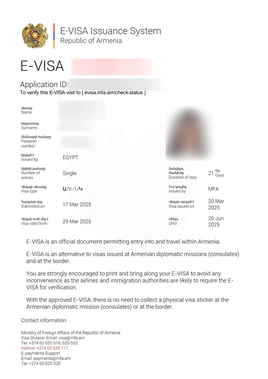 Armenien eVisa Muster – elektronisches Visum
